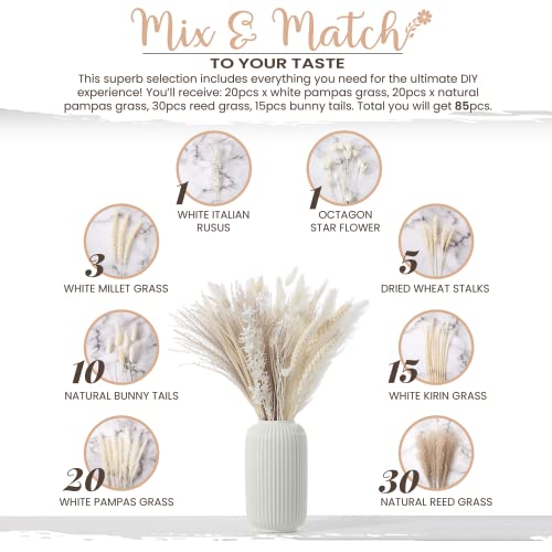 Natural Dried Pampas Grass - 85 Stems Dried Flowers Arrangements – Includes 17 Inch White Pompous Grass, Bunny Tails, Natural Reed Grass – Boho Home Decor Ideal for Wedding Decoration
