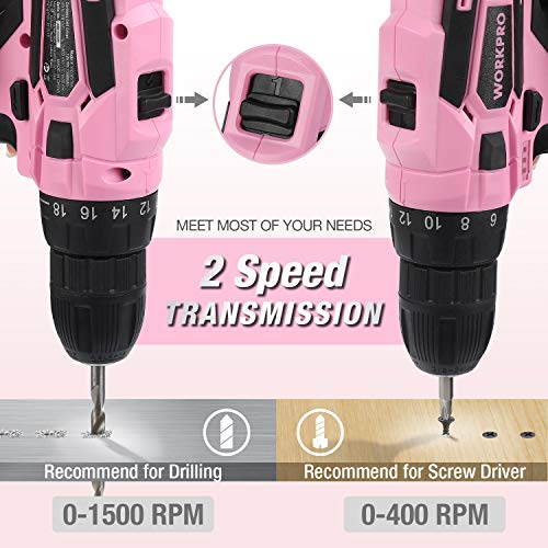 WORKPRO 12V Pink Cordless Drill and Home Tool Kit, 61 Pieces Hand Tool for DIY, Home Maintenance, 14-inch Storage Bag Included - Pink Ribbon