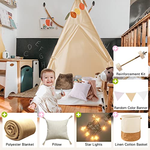 Kids Foldable Tent with Pillow, Banner, Fairy Lights, Blanket and Basket