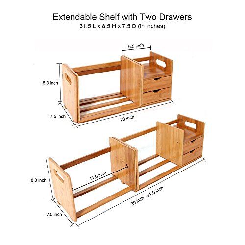 Natural Bamboo Desk Organizer with Extendable Storage and Two Drawers for Office