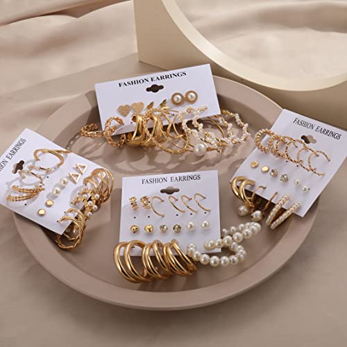 36 Pairs Gold Earrings Set for Women Girls, Fashion Pearl Chain Link Stud Drop Dangle