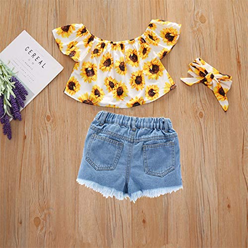 Toddler Kids Summer 2Pcs Baby Girl Off Shoulder Lace Flower Sling Tops with Ripped Shorts Jeans Clothes Set (H