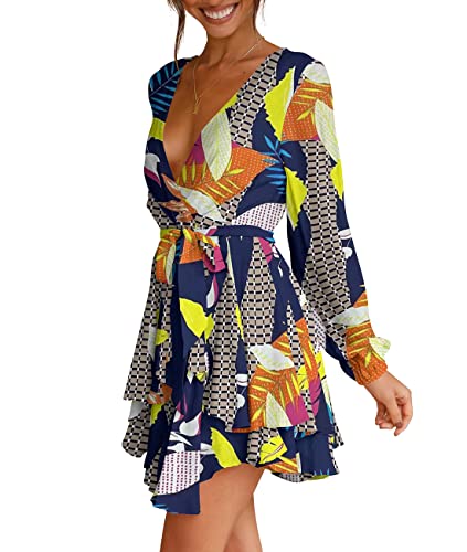 Womens Mini Dress Deep V-Neck Bishop Sleeve Printed Party Dresses