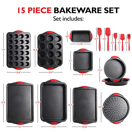 Nonstick Carbon Steel Bakeware Set - 15-Piece Baking Tray Set With Silicone Handles