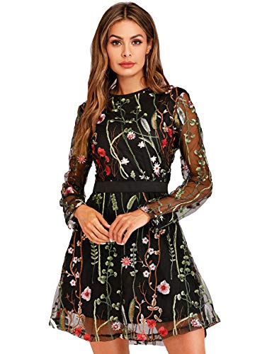 Women's Floral Embroidery Mesh Round Neck Tunic Party Dress