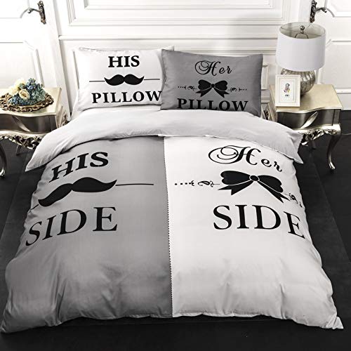 His Side and Her Side Duvet Cover Set Couple Gray and White Bedding Set with 2 Pillowcases