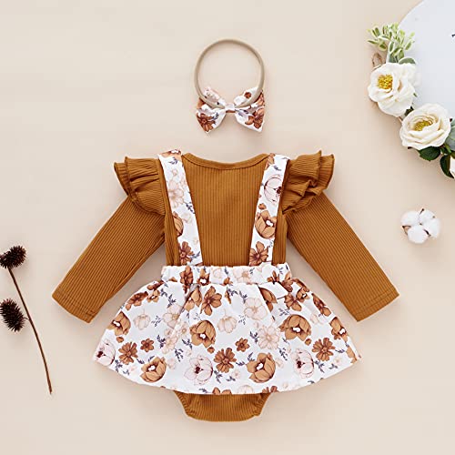 Newborn Infant Baby Girl Ruffle Long Sleeve Ribbed T-Shirt Top Floral Suspender Shorts
