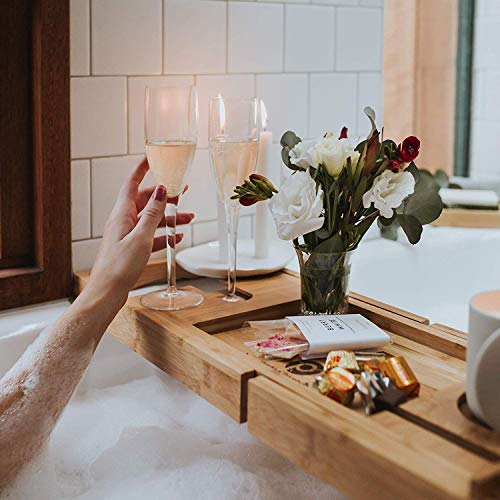 Pristine Bamboo Bath Caddy Tray for Tub-with iPad iPhone Book / Wine Glass Holder