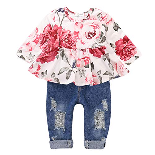 Girl Clothes Outfits, Cute Toddler Baby Ruffle Sleeve Floral T-Shirt Tops with Ripped Jeans Pants Set