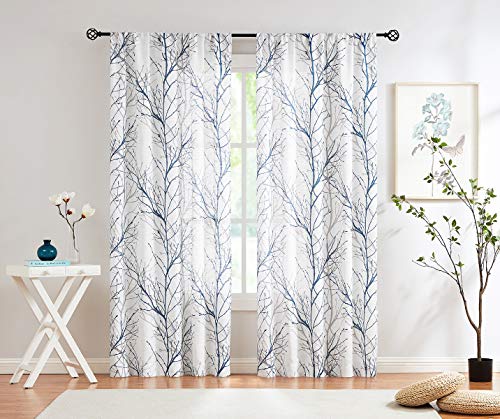 White Blue Semi-Sheer Curtains 96-inches for Living Room Navy Grey Branches Printed