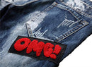Men's Casual Straight Slim Paint Printed Jeans with Patches, Blue896, 30