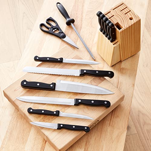 14-Piece Kitchen Knife Block Set, High-Carbon Stainless Steel Blades with Pine Wood Knife Block