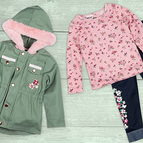 3 Piece Toddler Girls Clothing Set with Faux Fur Trim Twill Jacket + Long Sleeve Floral Print Shirt + Knit Denim Legging