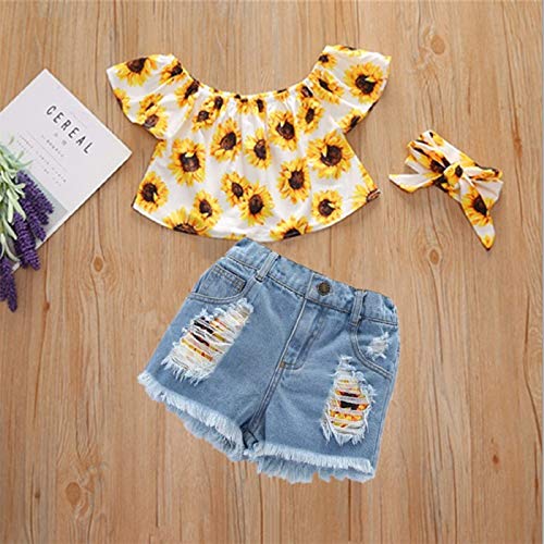 Toddler Kids Summer 2Pcs Baby Girl Off Shoulder Lace Flower Sling Tops with Ripped Shorts Jeans Clothes Set (H