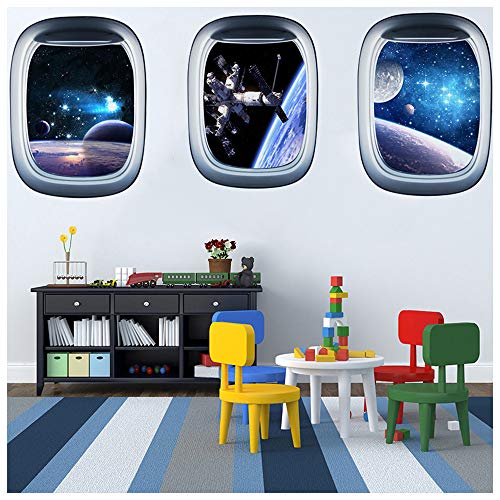 3 Pcs Universe Astronaut Space Capsule Window Wall Decals 3D Planet Spacecraft