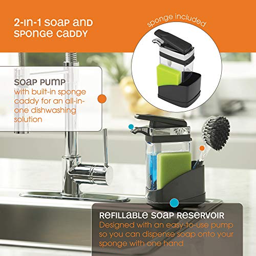 Casabella Sink Sider Solo Kitchen Soap Pump and Sponge Caddy, Black/Chrome Black & Chrome Plating