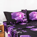 Purple Sheet Set Queen, 4 Piece Soft Microfiber Purple Rose Bedding Sheets Queen Bed