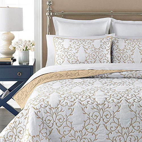 Reversible 100% Cotton 3-Piece Beige Embroidery Pattern Elegant Quilt Set