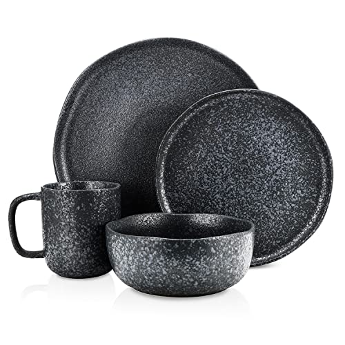 Stone Lain Tom Rustic Stoneware Dinnerware Set for 8, Black and White Reflection