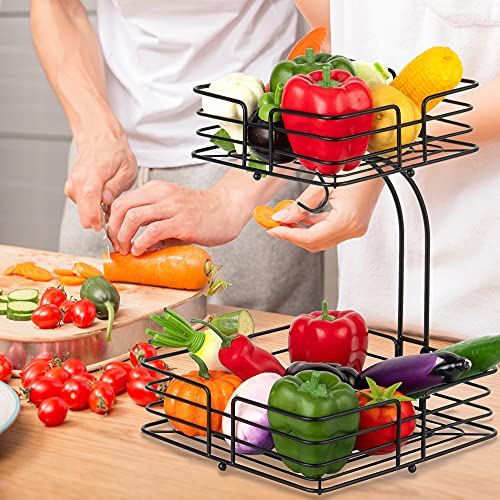 2-Tier Square Countertop Fruit Vegetables Basket Bowl Storage With Banana Hanger