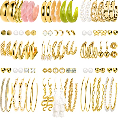45 Pairs Gold Hoop Earrings for Girls Women, Chunky Twisted Small Big Hoops Earring