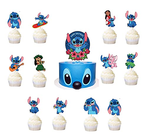 21pcs Blue Cartoon Pet Cupcake Toppers for Lilo & Stitch Party
