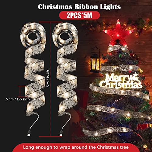 2 Pack Christmas Tree Ribbon Lights, 32ft 100 LED Christmas Fairy Strings Lights