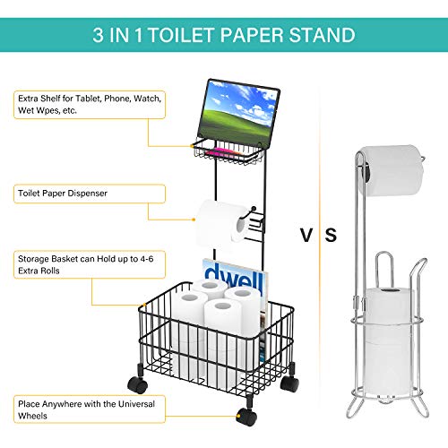 Toilet Paper Holder Stand with Shelf, Free Standing Toilet Paper Holder with Dispenser