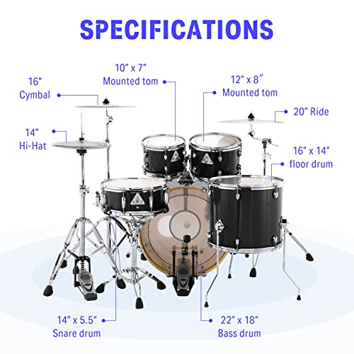 Drum Set Adult with Practice Mute Pad,5-Piece 22 inch Full Size Acoustic Drum Kit