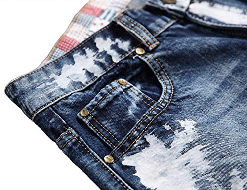 Men's Casual Straight Slim Paint Printed Jeans with Patches, Blue896, 30