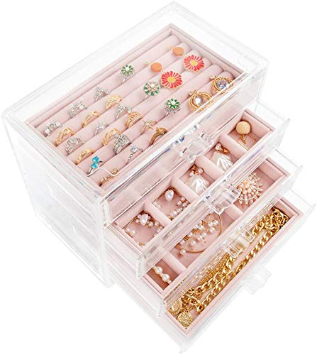 Acrylic Jewelry Box with 4 Drawers, Velvet Jewelry Organizer for Earring Necklace