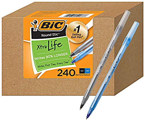 Large Bulk Pack of 240 Ink Pens, Bic Round Stic Xtra Life Ballpoint Pens Medium point 1.0 mm