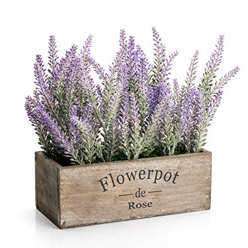 Artificial Fake Flower Potted Lavender Plant with Wooden Tray