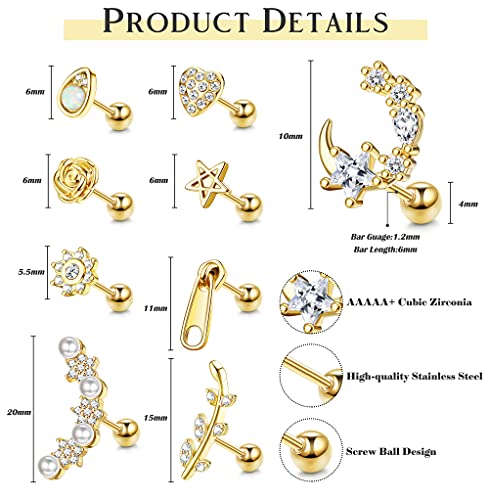 9PCS 16G Stainless Steel Cartilage Stud Earrings for Women Cartilage Earrings