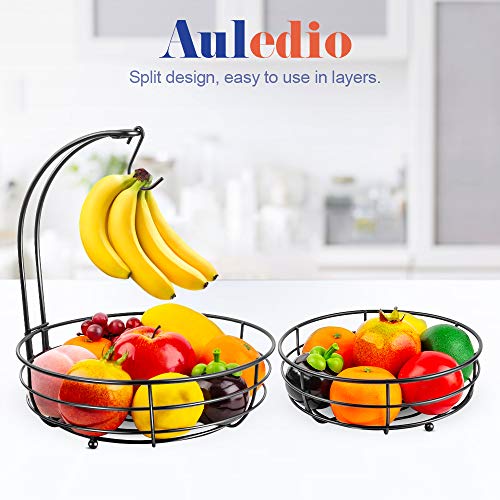 2-Tier Countertop Fruit Vegetables Basket Bowl Storage With Banana Hanger, Black