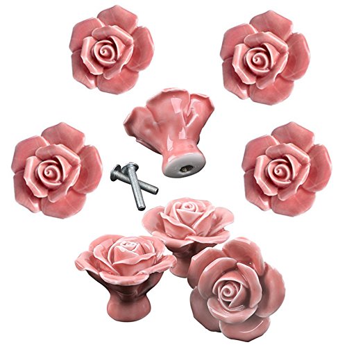 8Pcs Elegant Pink Rose Pulls Flower Ceramic Cabinet Knobs Cupboard Drawer