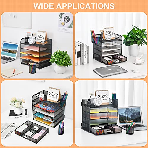 Lavatino 5 Tray Desk Organizer with Drawer, Mesh Paper Letter Tray Organizer with Handle and 2 Pen Holder, Desktop File Organizer and Storage for Letter/A4 Office File Folder