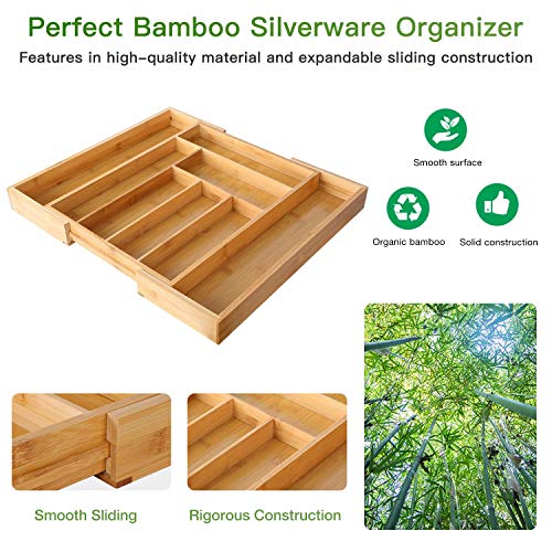 Bamboo Expandable Drawer Organizer for Utensils Holder, Adjustable Cutlery Tray