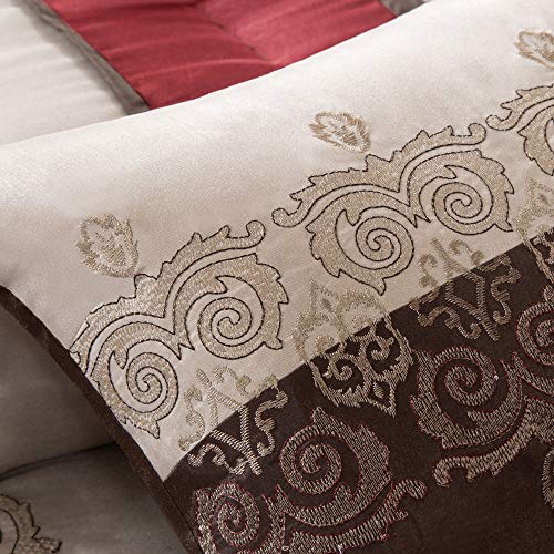 Bed Comforter Set Bed In A Bag - Taupe, Burgundy , Jacquard Pattern