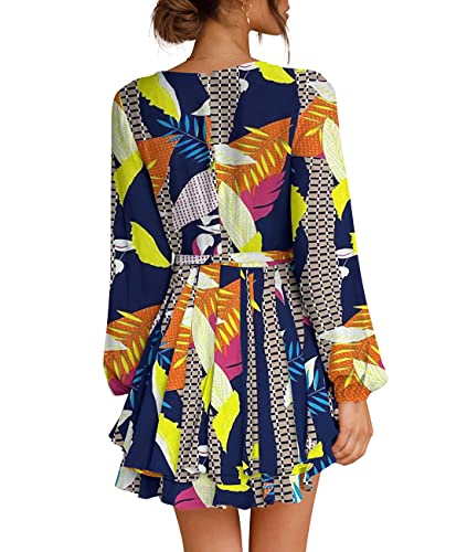 Womens Mini Dress Deep V-Neck Bishop Sleeve Printed Party Dresses