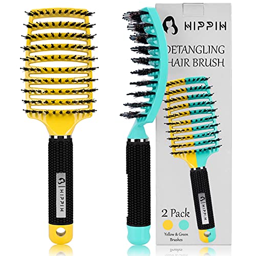 Detangling Brush 2 Pack, Boar Bristle Hair Brush Wet or Dry Hair