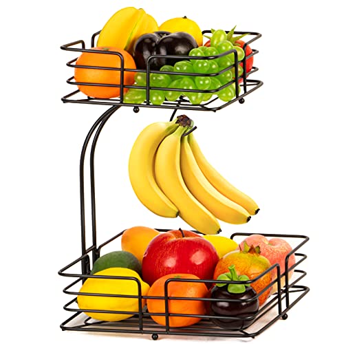 2-Tier Square Countertop Fruit Vegetables Basket Bowl Storage With Banana Hanger