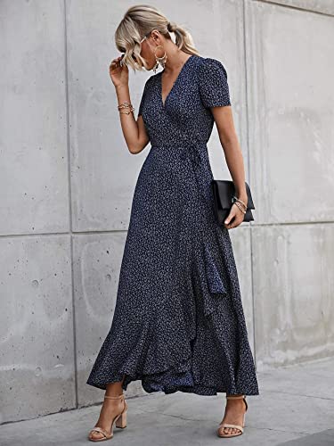 Women's Wrap Maxi Dress Floral V Neck Short Sleeve Ruffle Split Beach Long Dresses