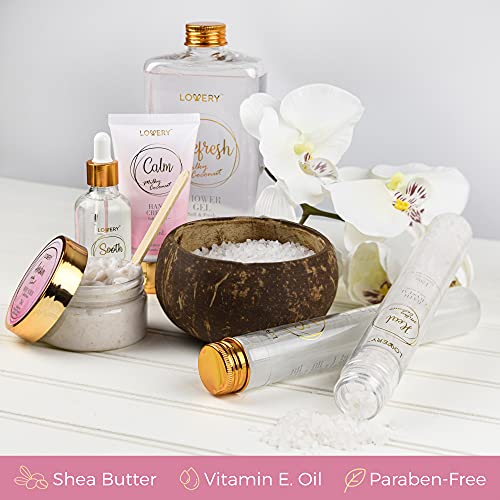 Mothers Day Bath Gift Set - Spa Gift Basket with Milky Coconut, Vitamin E Body Scrub
