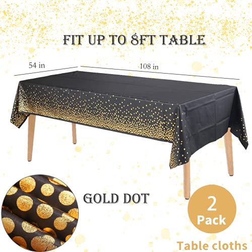 2 Pack Black and Gold Tablecloth for Rectangle Tables Gold Dot Disposable Tablecloths