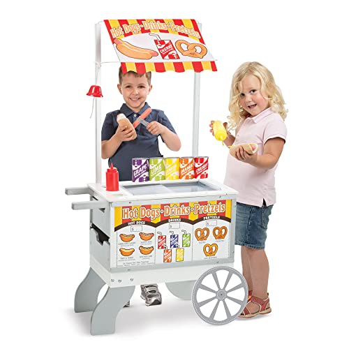 Wooden Snacks and Sweets Food Cart - 40+ Play Food pcs, Reversible Awning