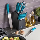 Oster Lindbergh 14 Piece Stainless Steel Cutlery Set Black Block, Teal Handles,Teal/Black