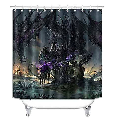 4PCS/Set Gothic Dragon Shower Curtain, Magic Mythical Creature Horror Black Dragon