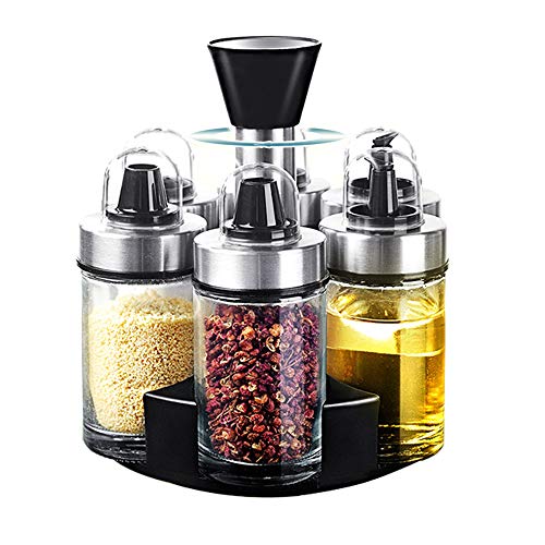Oil and Vinegar Dispenser Set of 6 Bottles, Stainless Steel Salt and Pepper Holder