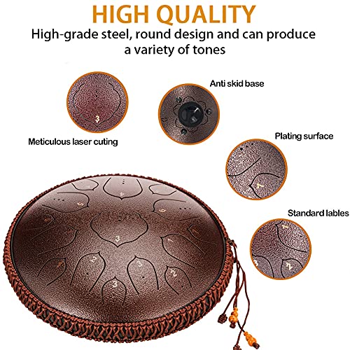 Steel Tongue Drum, 15 Notes 14 inch D-Key Handpan Percussion Instrument - Tank Chakra Drums